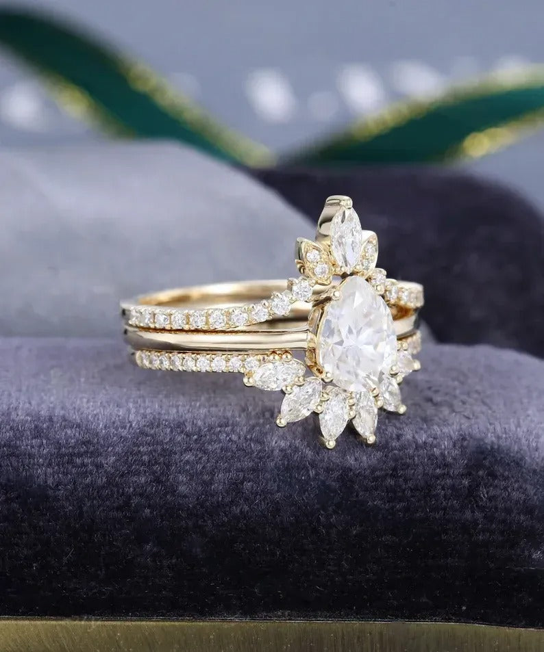 2.10 Ct Lab Grown Pear Diamond 14k Yellow Gold E-F Color VVS1 VS1 IGI Certified Ring With Double Bend