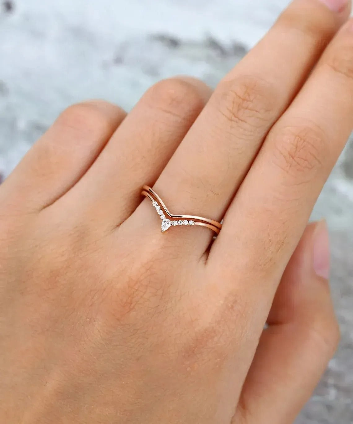 0.21 Ct Lab Grown Round & Pear Diamond 14k Rose Gold E-F Color VVS1 VS1 IGI Certified Double Band