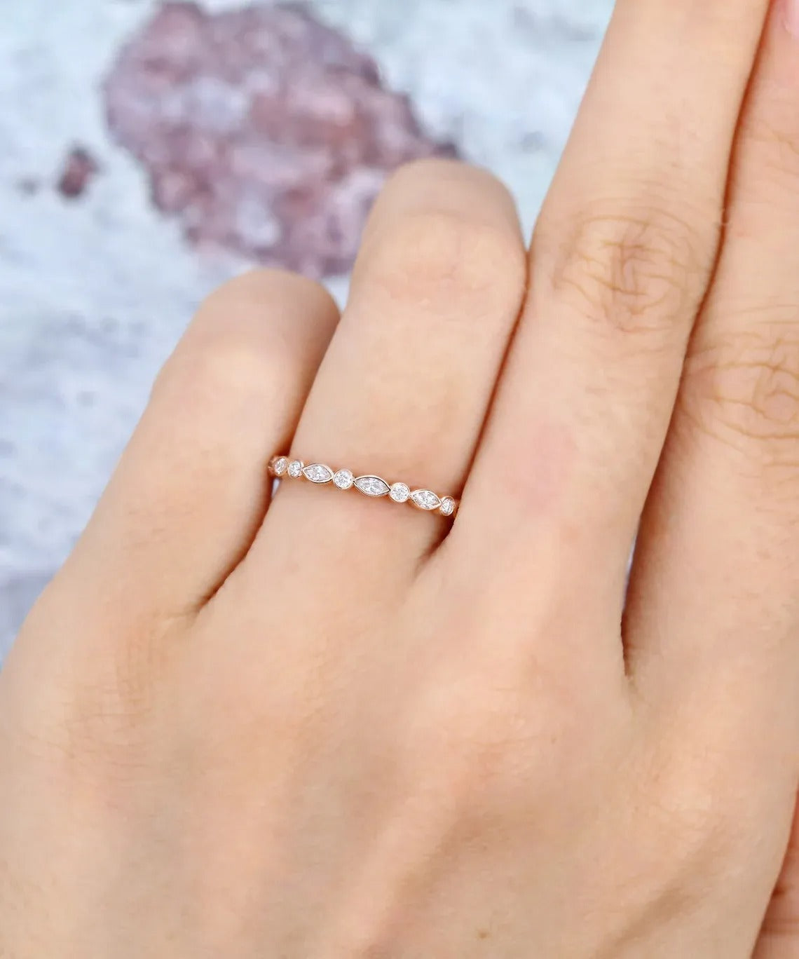 0.50 Ct Lab Grown Marquise & Round Diamond 14k Rose Gold E-F Color VVS1 VS1 IGI Certified Fancy Single Band