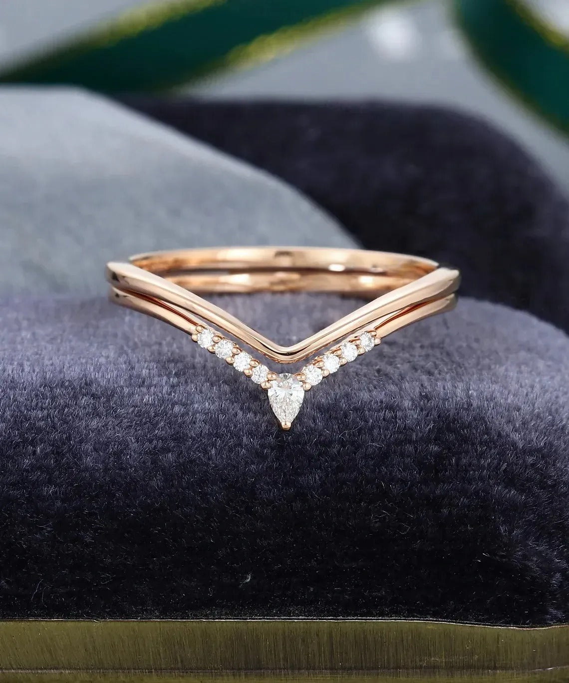 0.21 Ct Lab Grown Round & Pear Diamond 14k Rose Gold E-F Color VVS1 VS1 IGI Certified Double Band